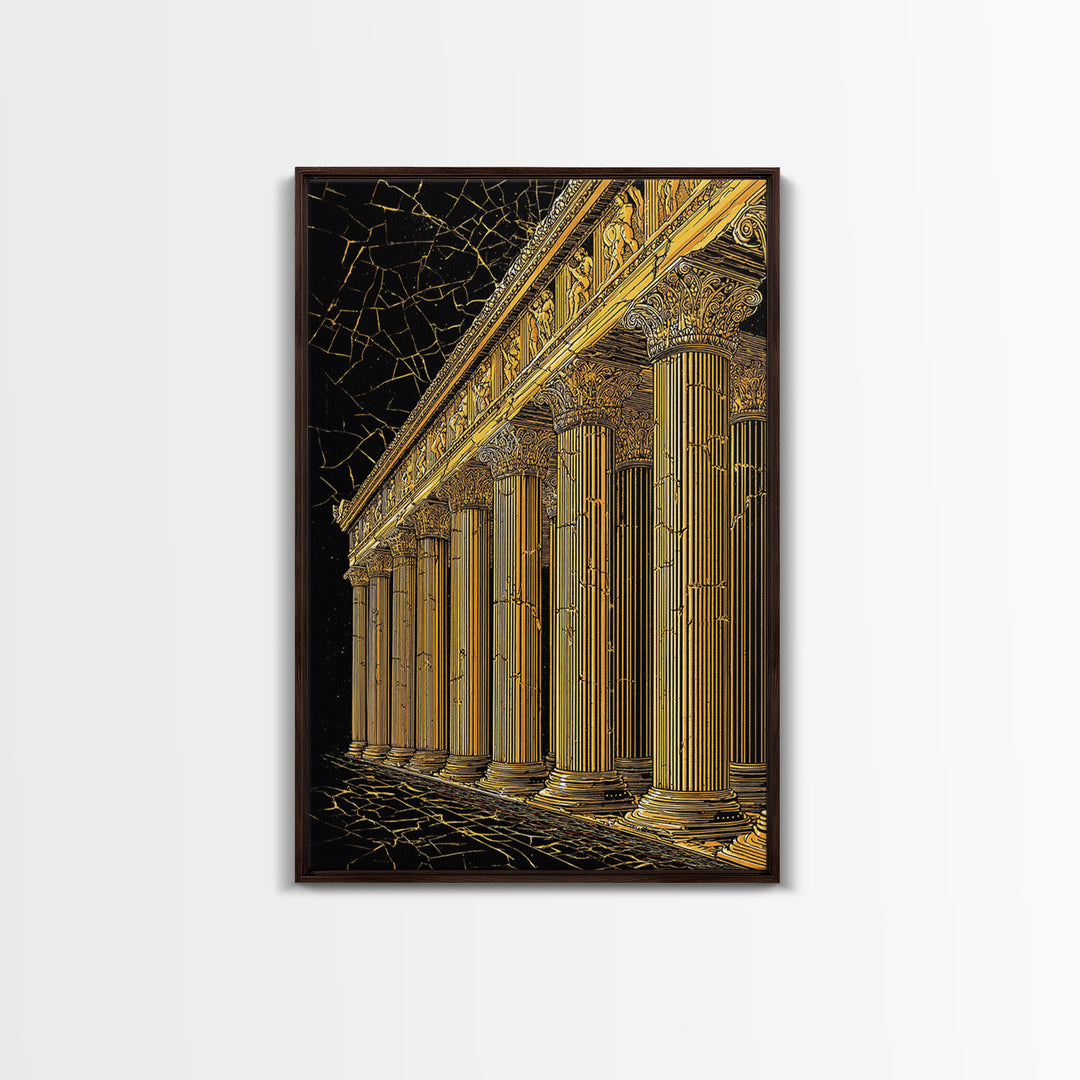 Ancient Parthenon Columns Canvas Gold Art, Classical Ruins Wall Decor, Real Wood Frame Canvas Print Decor