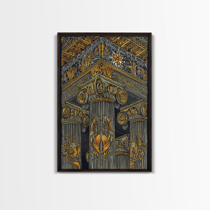 Ancient Greek Column Detail, Classical Architecture, Canvas Gold Canvas Print, Real Wood Frame Wall Art