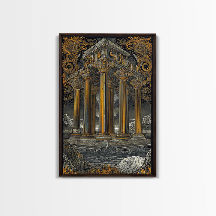 Temple Of The Gods, Mythological Architecture, Canvas Gold Canvas Print, Real Wood Frame Wall Art