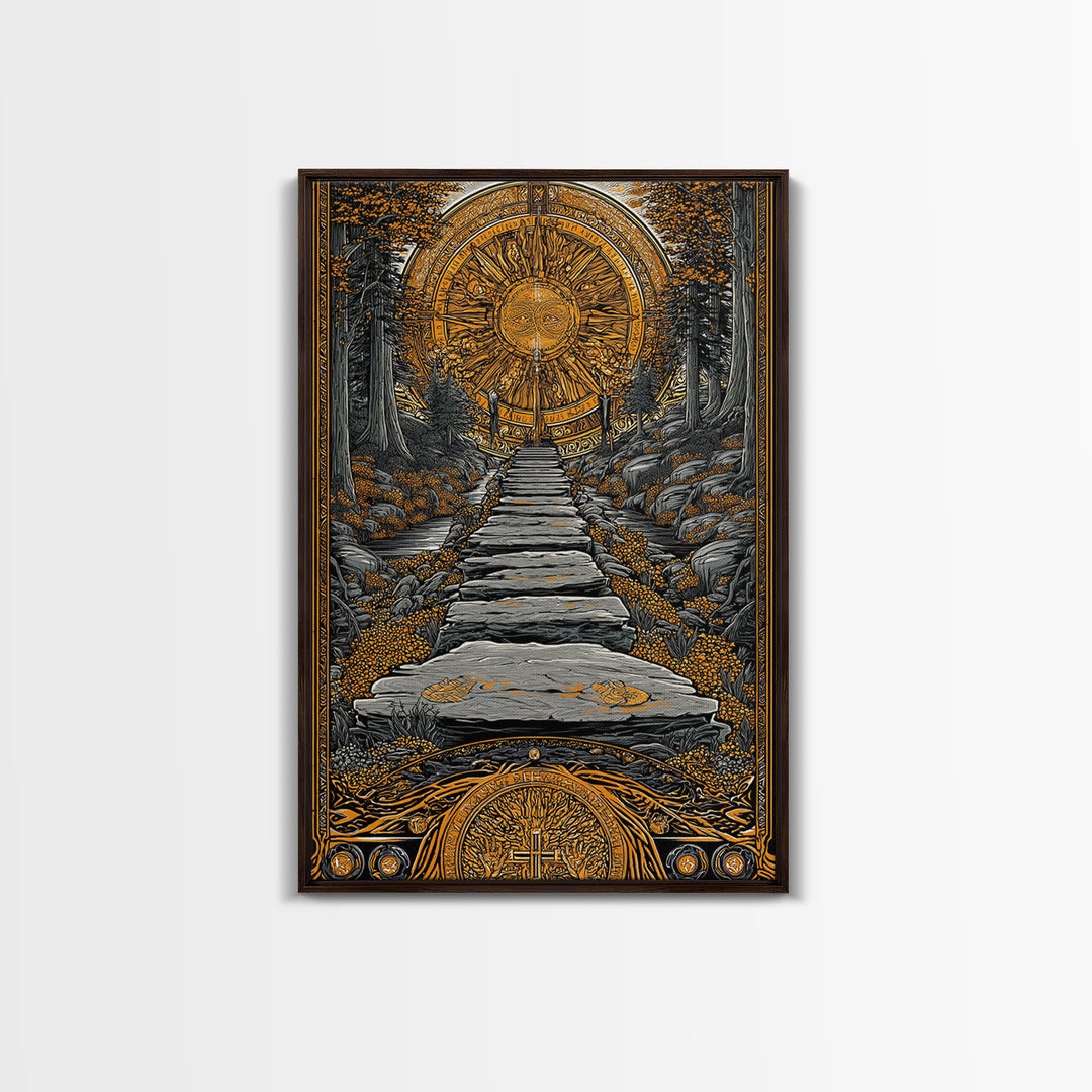 Celestial Gate, Mystical Sun Mandala, Path Of Light, Canvas Gold Canvas Print, Real Wood Frame Wall Art