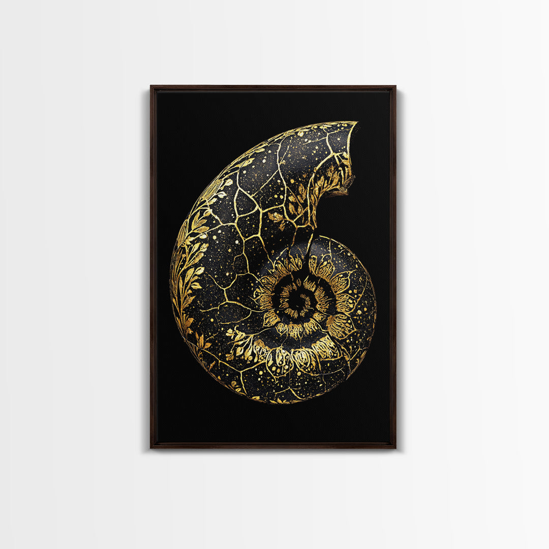 Golden Nautilus Fossil, Nature Inspired Abstract, Canvas Gold Canvas Print, Real Wood Frame Wall Art