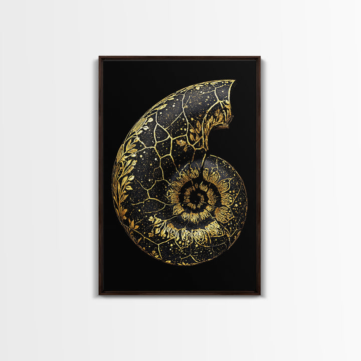 Golden Nautilus Fossil, Nature Inspired Abstract, Canvas Gold Canvas Print, Real Wood Frame Wall Art