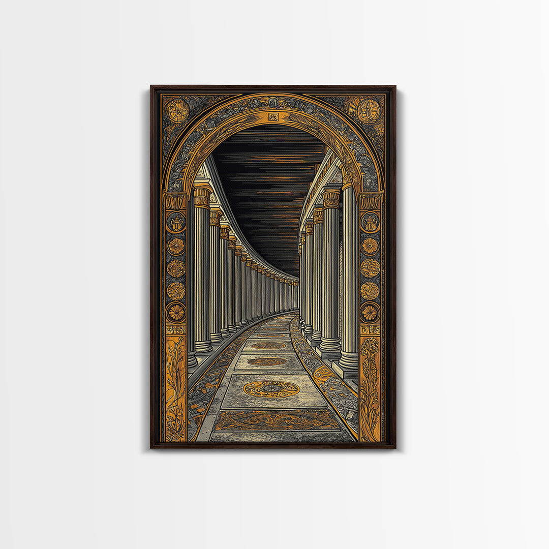 Endless Colonnade, Ancient Architecture Corridor, Canvas Gold Canvas Print, Real Wood Frame Wall Art