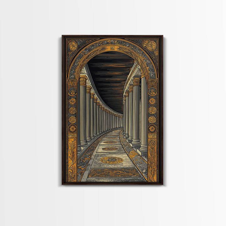 Endless Colonnade, Ancient Architecture Corridor, Canvas Gold Canvas Print, Real Wood Frame Wall Art