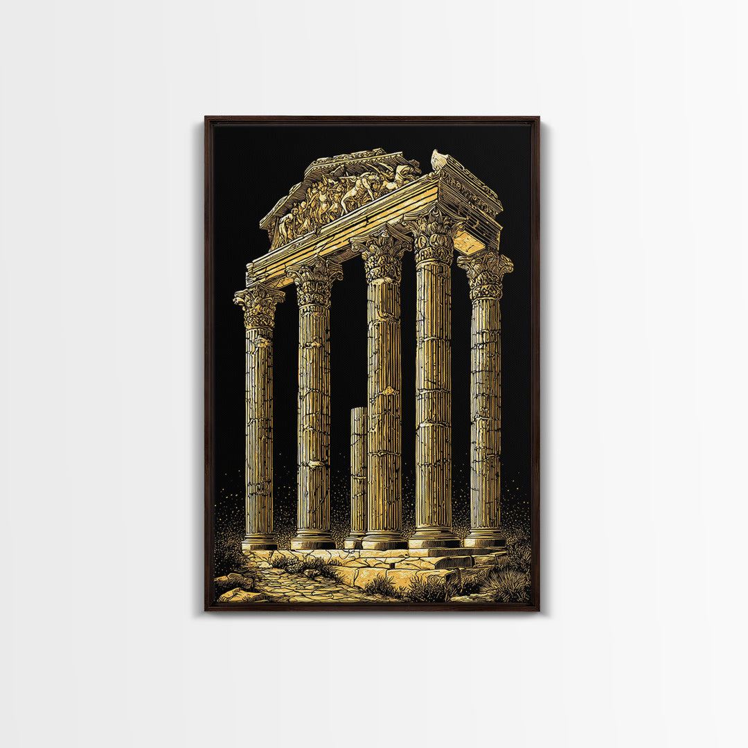 Greek Temple Ruins, Timeless Classical Columns, Canvas Gold Canvas Print, Real Wood Frame Wall Art