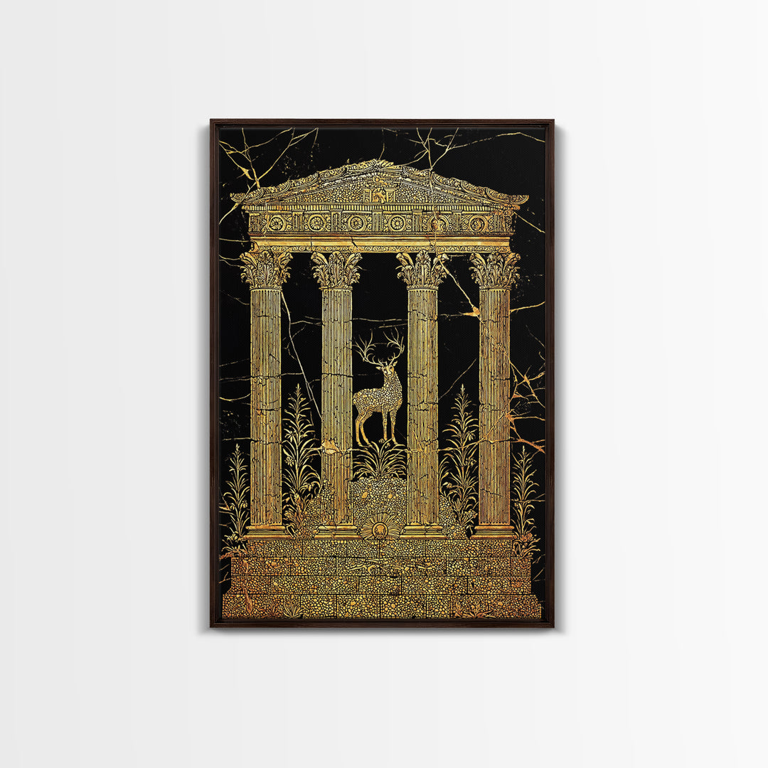 Stag At The Temple, Mythic Nature Scene, Canvas Gold Canvas Print, Real Wood Frame Wall Art