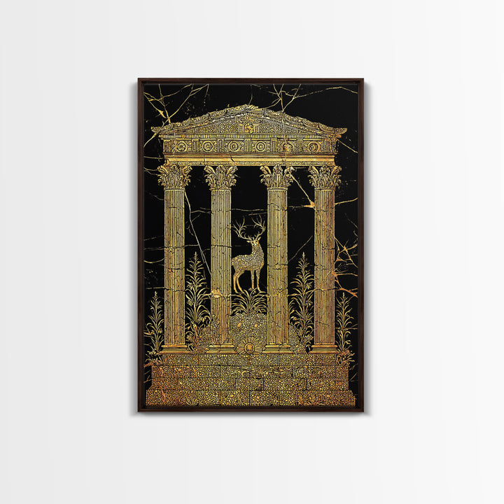 Stag At The Temple, Mythic Nature Scene, Canvas Gold Canvas Print, Real Wood Frame Wall Art