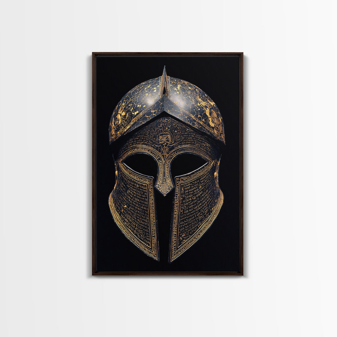 Ancient Greek Helmet with Cracked Texture and Text – Canvas Gold Art, Real Wood Frame Canvas Art, Historical Spartan Wall Decor