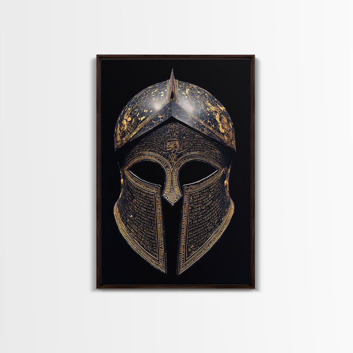 Ancient Greek Helmet with Cracked Texture and Text – Canvas Gold Art, Real Wood Frame Canvas Art, Historical Spartan Wall Decor