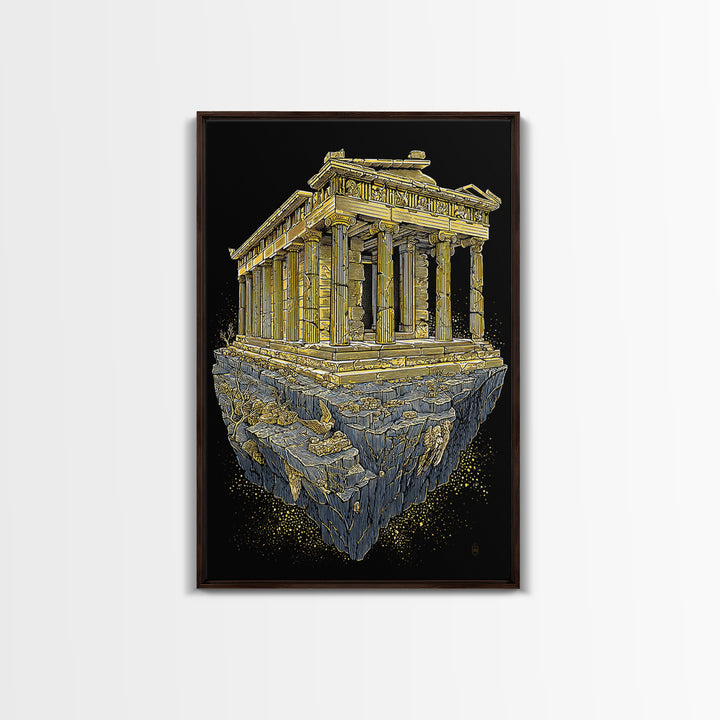 Floating Ancient Temple, Surreal Greek Ruins, Canvas Gold Canvas Print, Real Wood Frame Wall Art