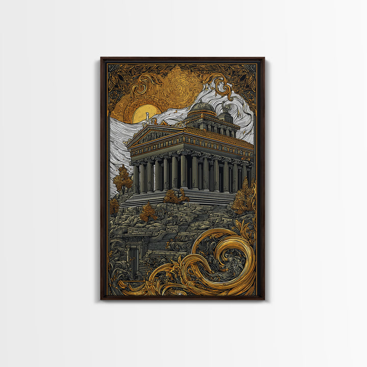 Greek Temple At Sunset, Ancient Architecture Wall Art, Canvas Gold Canvas Print, Mythology Home Decor, Wood Frame