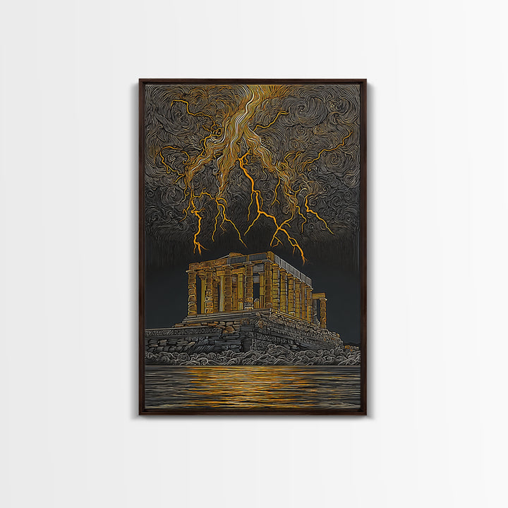 Parthenon With Lightning Storm, Dramatic Greek Myth Wall Art, Canvas Gold Canvas Print, Ancient Decor, Wood Frame