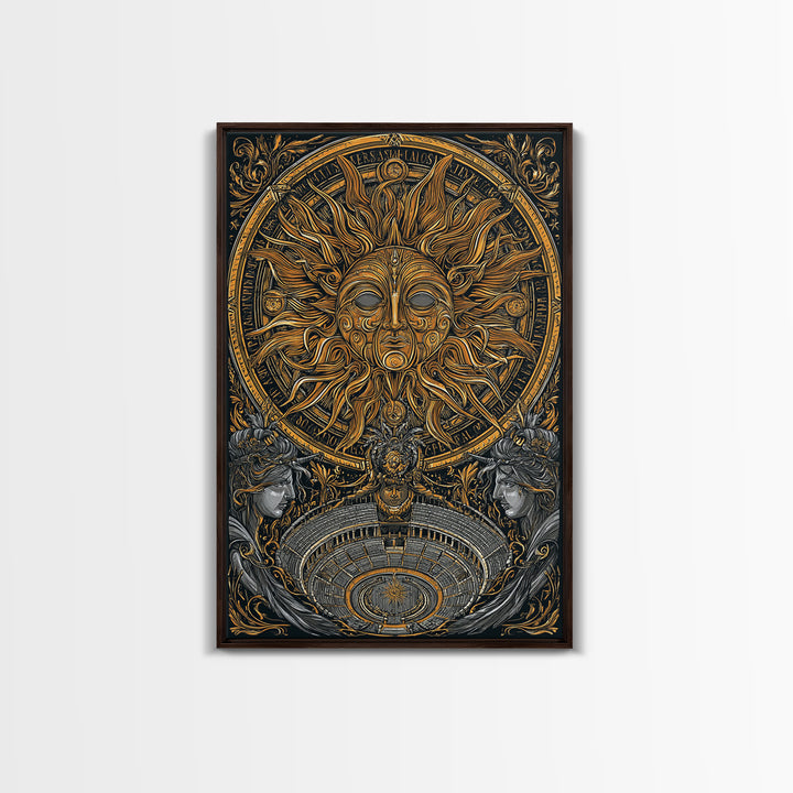 Sun God Face With Theater, Greek Mythology Wall Art, Canvas Gold Art, Dramatic Canvas Print, Celestial Decor, Wood Frame