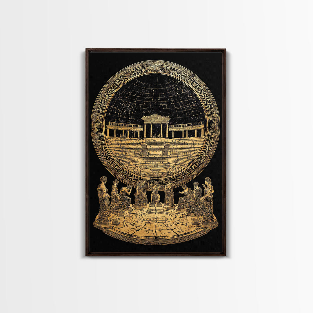 Greek Amphitheater With Muses, Ancient Mythology Wall Decor, Canvas Gold Canvas Print, Classical Art, Wood Frame
