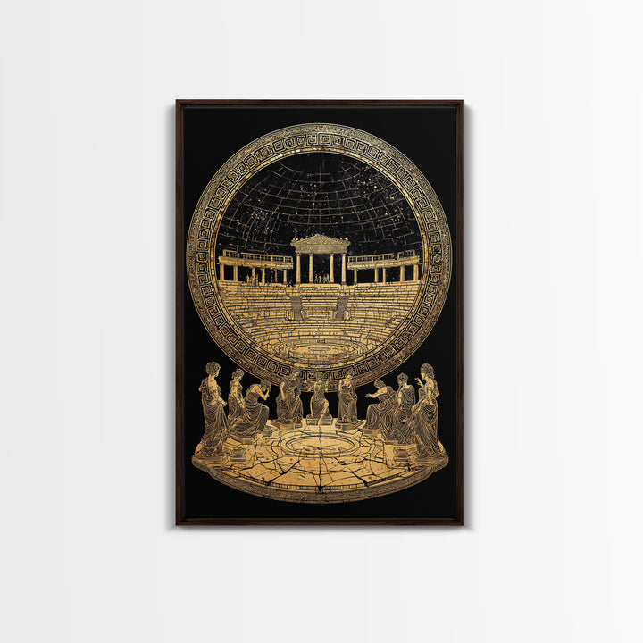 Greek Amphitheater With Muses, Ancient Mythology Wall Decor, Canvas Gold Canvas Print, Classical Art, Wood Frame