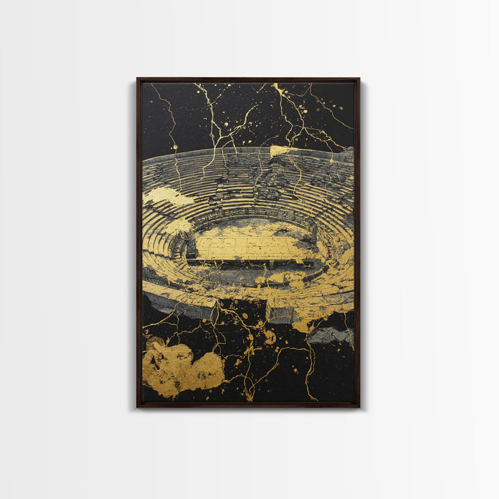 Ancient Theater Abstract, Splattered Canvas Gold Canvas Print, Greek Myth Wall Art, Dramatic Decor, Wood Frame