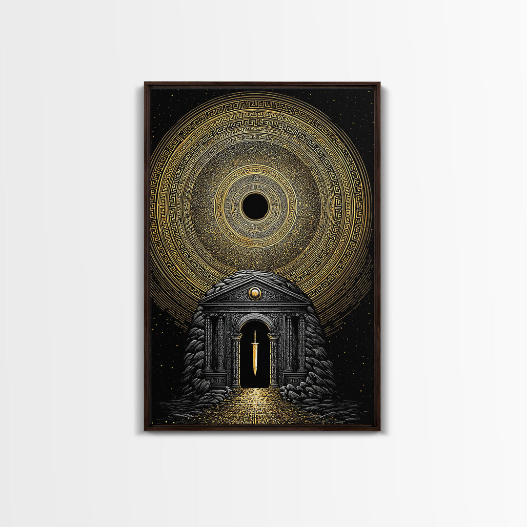Sword Temple Cosmic Design, Mythology Wall Art, Canvas Gold Canvas Print, Fantasy Decor, Ancient Architecture, Wood Frame