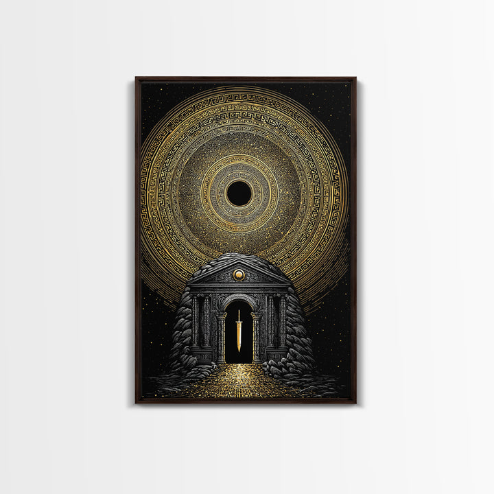 Sword Temple Cosmic Design, Mythology Wall Art, Canvas Gold Canvas Print, Fantasy Decor, Ancient Architecture, Wood Frame
