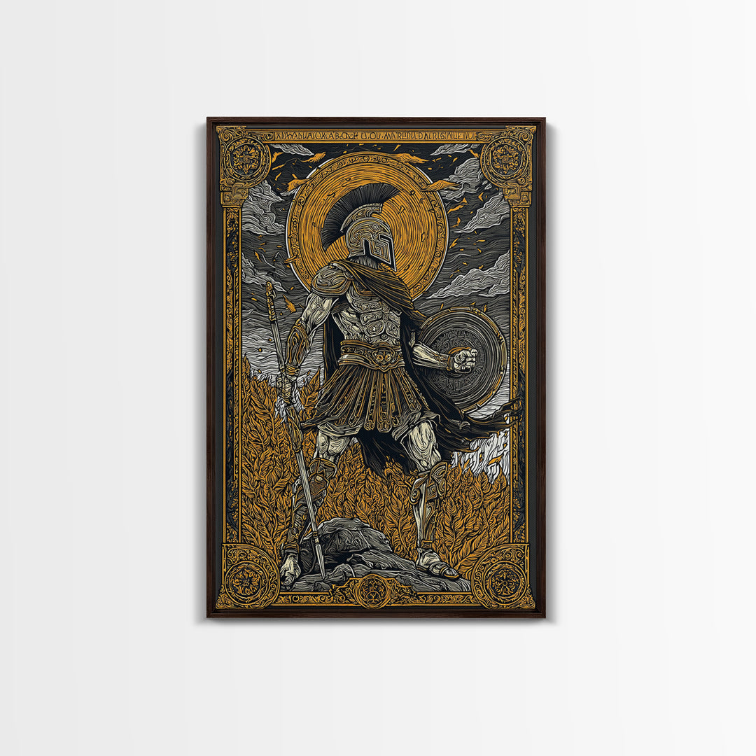 Greek Warrior With Shield, Ancient Mythology Wall Art, Canvas Gold Canvas Print, Heroic Decor, Dramatic Design, Wood Frame