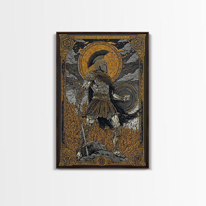 Greek Warrior With Shield, Ancient Mythology Wall Art, Canvas Gold Canvas Print, Heroic Decor, Dramatic Design, Wood Frame