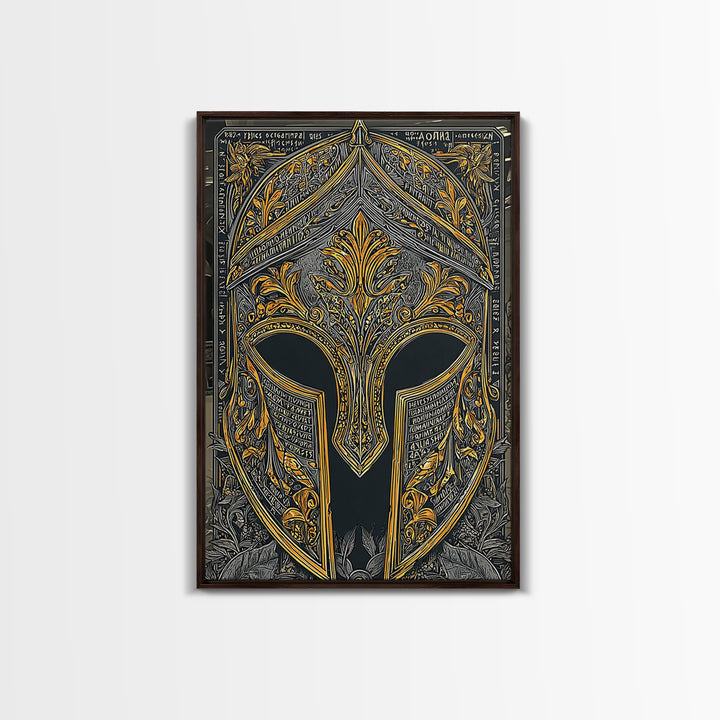 Floral Greco-Roman Helmet with Scripted Detail – Canvas Gold Art, Real Wood Framed Canvas Art, Ornate Classical Warrior Print