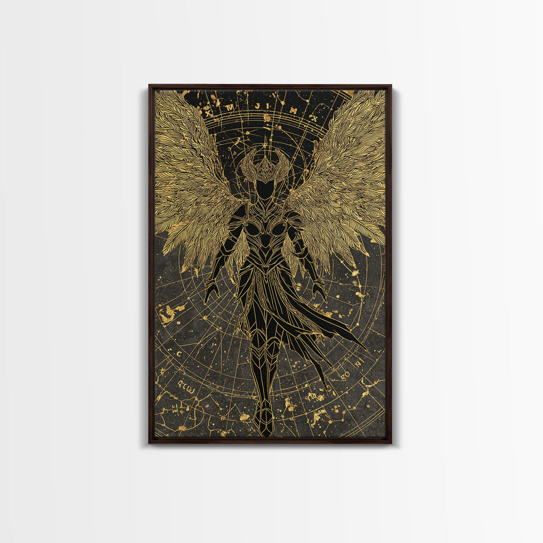 Celestial Angel Warrior, Astral Mythology Wall Art, Canvas Gold Canvas Print, Fantasy Decor, Cosmic Figure, Wood Frame