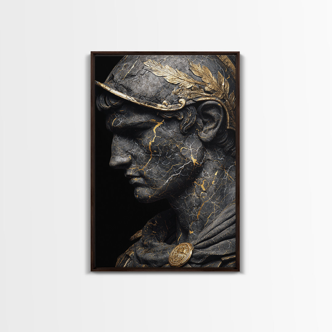 Roman Bust Statue, Classical Sculpture Wall Art, Canvas Gold Canvas Print, Ancient Decor, Regal Design, Wood Frame