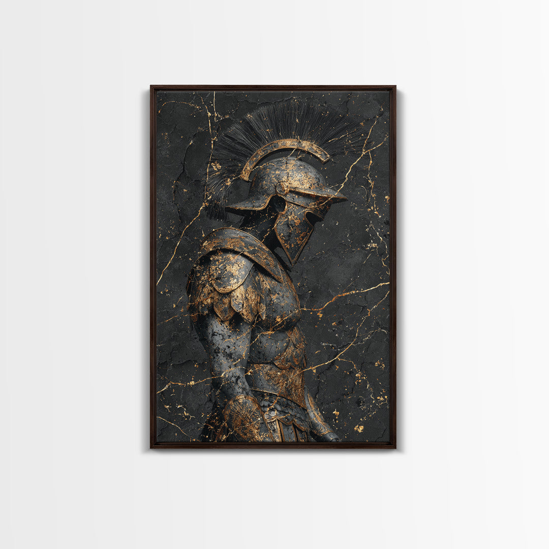 Roman Soldier Statue, Canvas Gold Canvas Print, Ancient Warrior Wall Art, Real Wood Frame, Luxury Mythology Home Decor