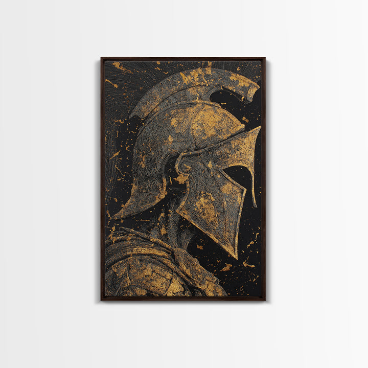 Greek Warrior Helmet, Canvas Gold Art, Ancient Soldier Wall Print, Mythology Decor, Real Wood Framed Canvas Artwork