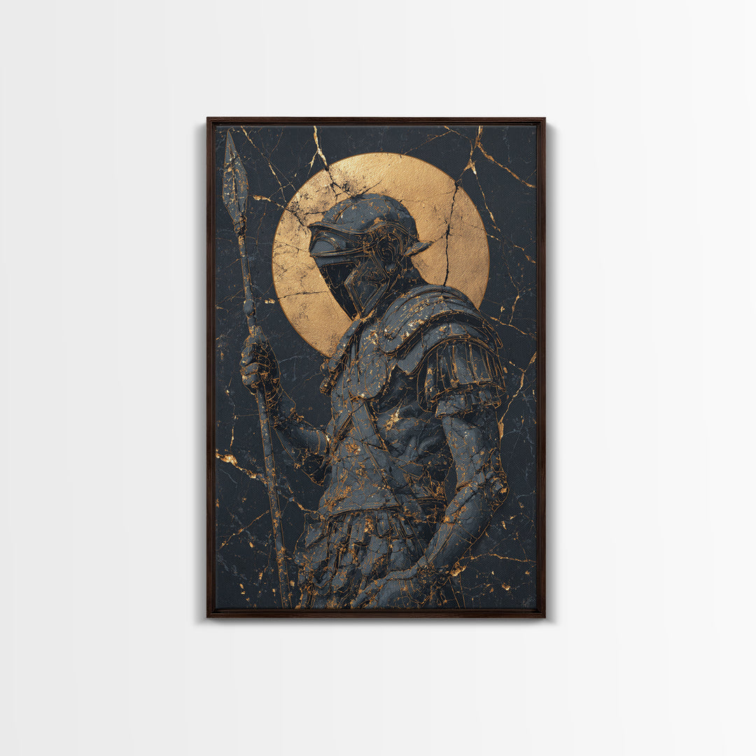 Spartan Warrior With Spear, Canvas Gold Canvas Print, Ancient Soldier Wall Art, Real Wood Frame Decor, Luxury Mythology