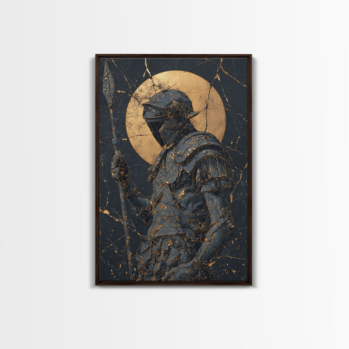 Spartan Warrior With Spear, Canvas Gold Canvas Print, Ancient Soldier Wall Art, Real Wood Frame Decor, Luxury Mythology