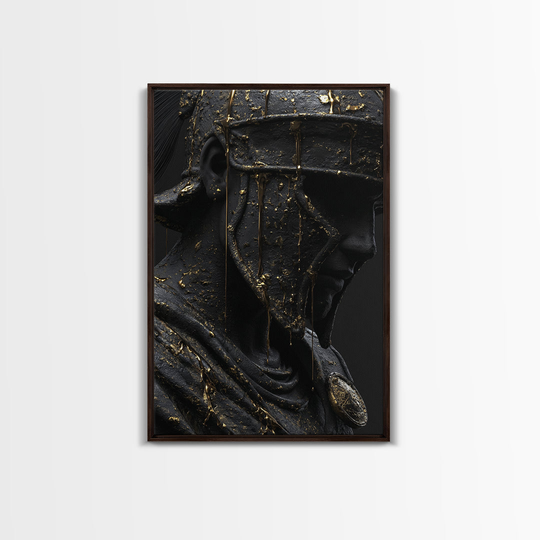 Spartan Warrior Bust, Canvas Gold Art, Ancient Helmet Canvas Print, Real Wood Frame Wall Decor, Luxury Mythology Artwork