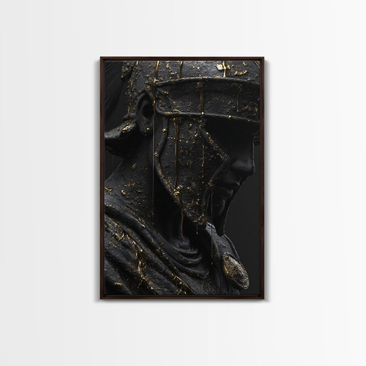 Spartan Warrior Bust, Canvas Gold Art, Ancient Helmet Canvas Print, Real Wood Frame Wall Decor, Luxury Mythology Artwork