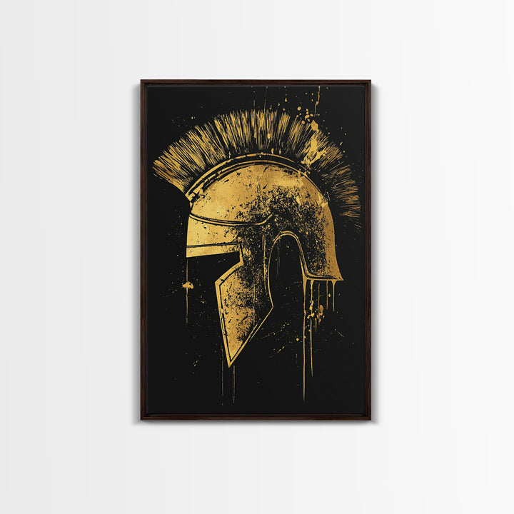 Spartan Helmet Illustration, Canvas Gold Canvas Print, Ancient Warrior Wall Art, Real Wood Framed Mythology Decor