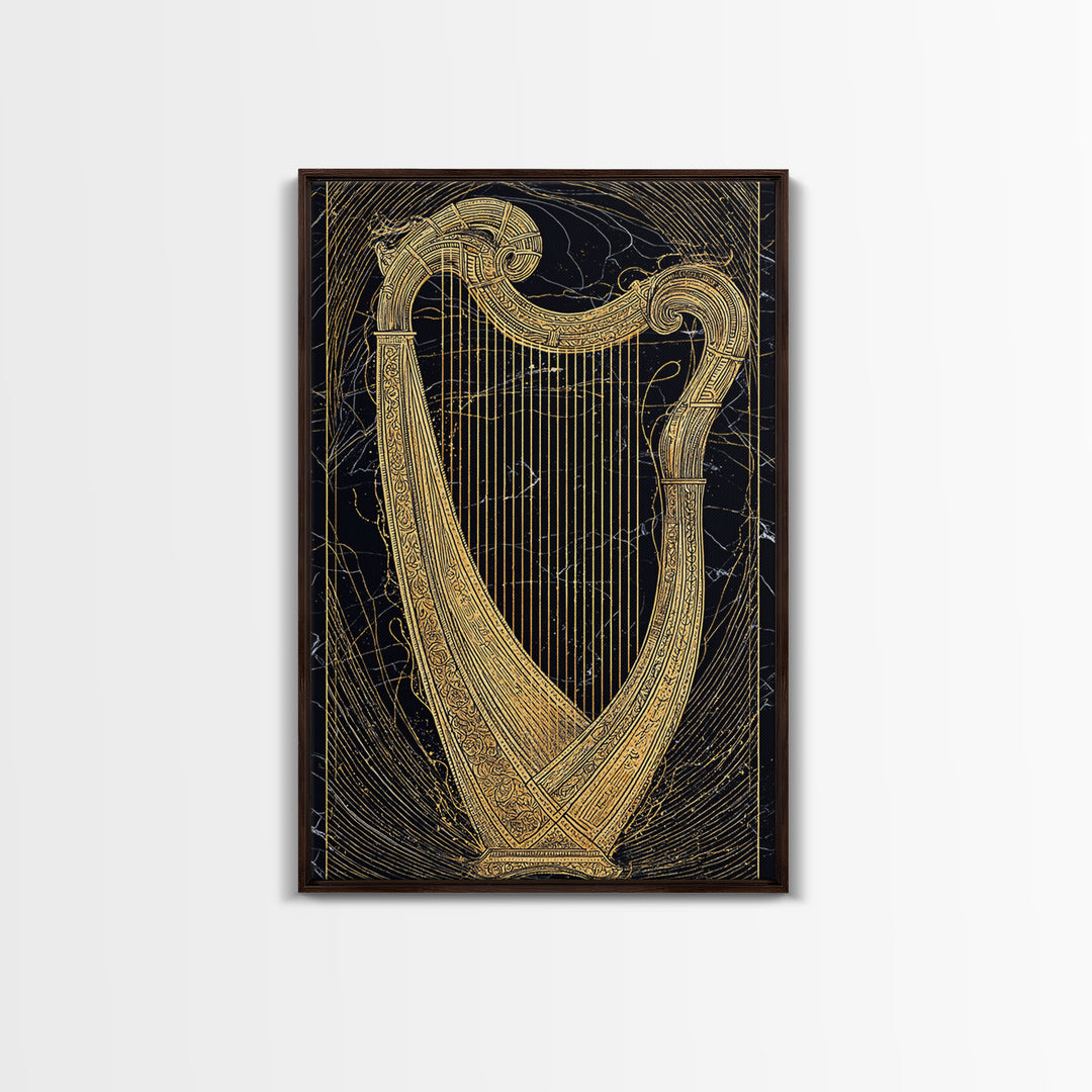 Golden Harp on Marble with Ornamental Lines – Canvas Gold Art, Canvas Art in Real Wood Frame, Classical Music Instrument Decor
