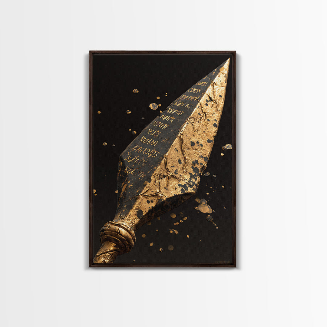 Inscribed Greek Spearhead in Motion Splash – Canvas Gold Art, Warrior Weapon Real Wood Framed Canvas Art, Spartan Weapon Decor