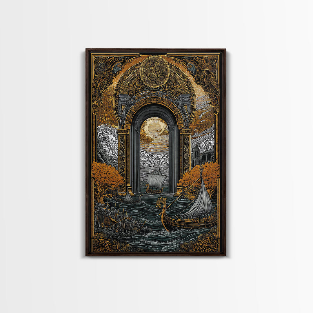 Viking Longships Through Mythic Gate – Canvas Gold Art, Epic Seafaring Canvas Art in Real Wood Frame, Norse Voyage Wall Print