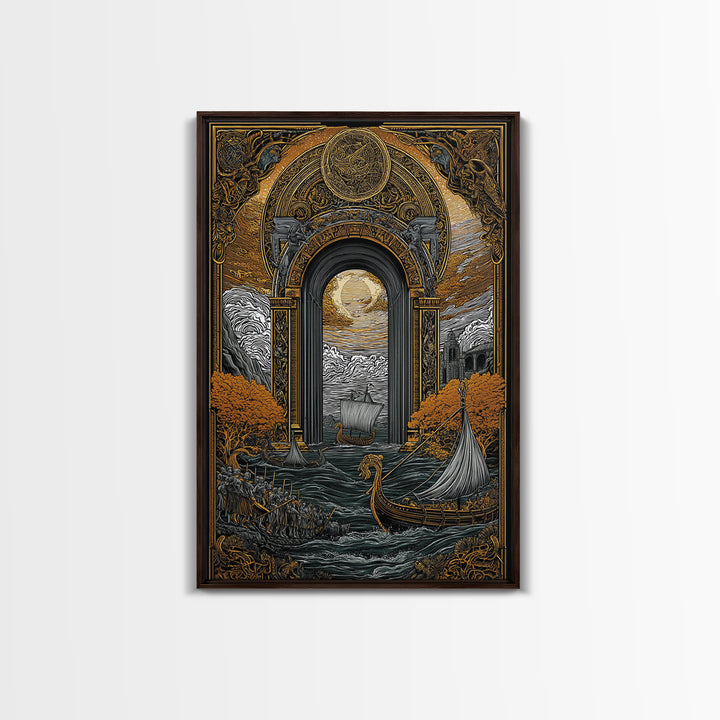 Viking Longships Through Mythic Gate – Canvas Gold Art, Epic Seafaring Canvas Art in Real Wood Frame, Norse Voyage Wall Print