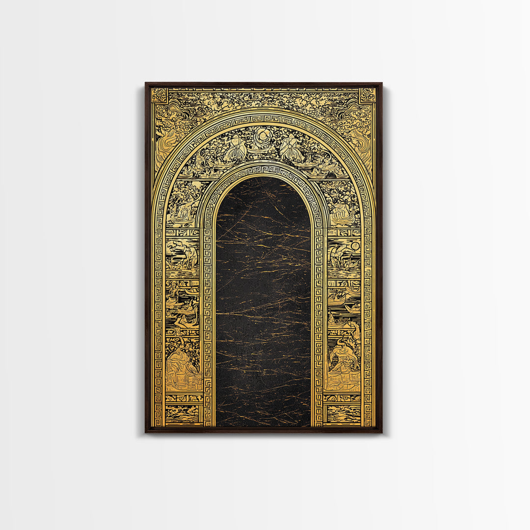 Ancient Greek Archway with Myth Scenes – Canvas Gold Art, Classical Panel Canvas Art with Real Wood Frame, Temple Wall Decor