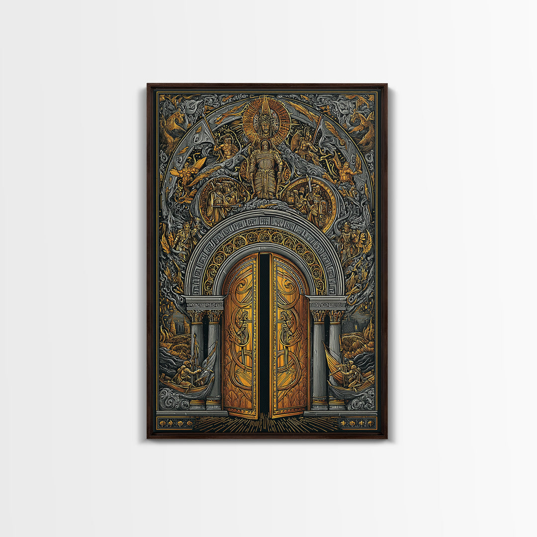 Byzantine Portal of Angels and Kings – Canvas Gold Art, Medieval Religious Canvas Art in Real Wood Frame, Sacred History Wall Art