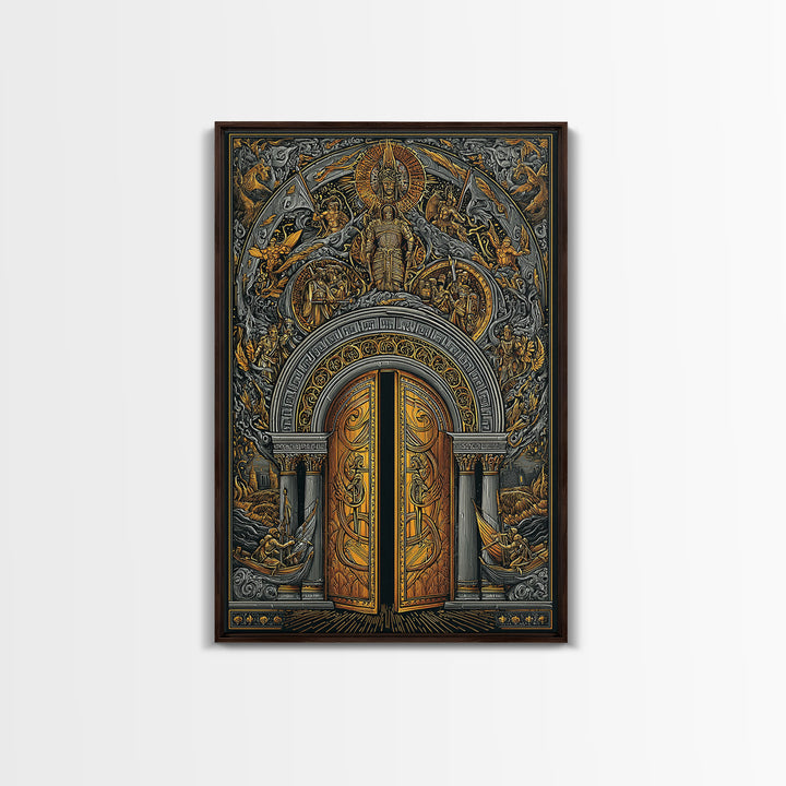 Byzantine Portal of Angels and Kings – Canvas Gold Art, Medieval Religious Canvas Art in Real Wood Frame, Sacred History Wall Art