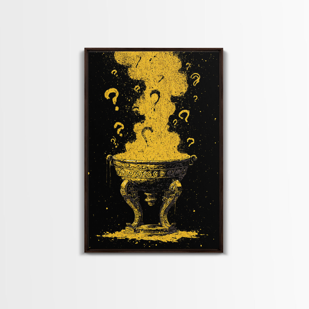 Golden Oracle Bowl with Rising Smoke – Canvas Gold Art, Mystical Ritual Canvas Art Framed in Real Wood, Ancient Prophecy Decor