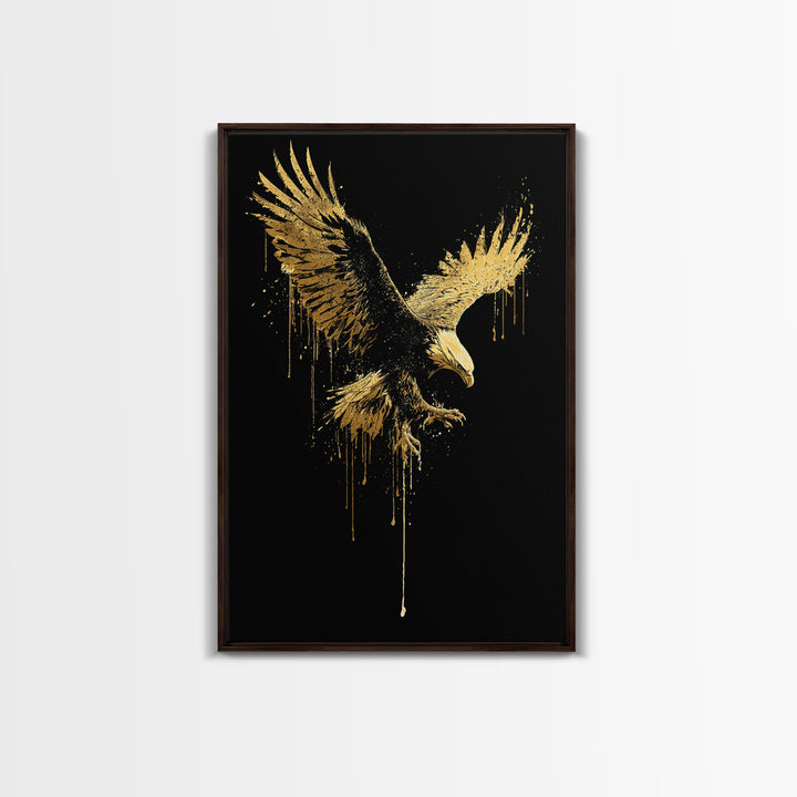 Flying Gold Splatter Eagle in Mid-Descent – Canvas Gold Art, Real Wood Framed Canvas Art, Dynamic Bird of Prey Wall Statement