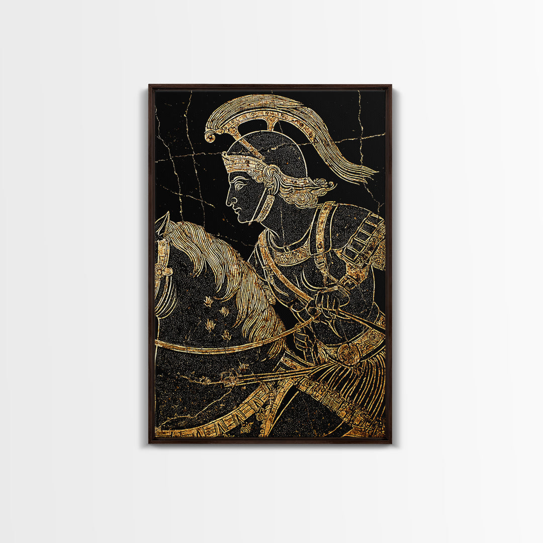 Ancient Greek Vase-Inspired Horseback Warrior – Canvas Gold Art, Classic Antiquity Linework Canvas Art, Mythic Wall Decor