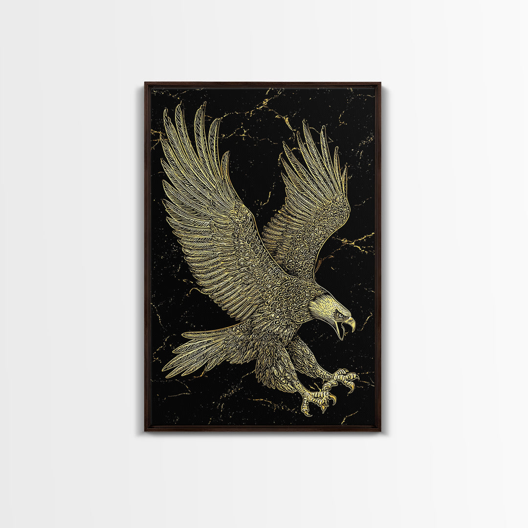 Detailed Golden Eagle with Spread Wings – Canvas Gold Art, Precision Linework Canvas Art in Real Wood Frame, Regal Animal Decor