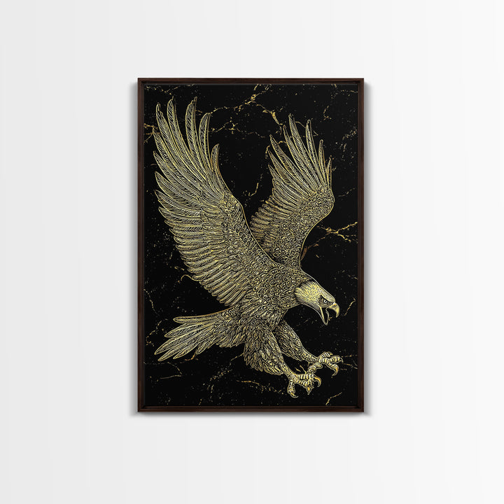 Detailed Golden Eagle with Spread Wings – Canvas Gold Art, Precision Linework Canvas Art in Real Wood Frame, Regal Animal Decor