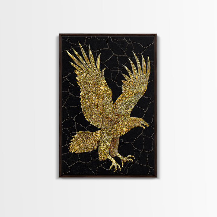 Golden Eagle Canvas Art, Canvas Print in Canvas Gold, Framed Canvas Wall Art with Real Wood Frame, Black Background Luxury Wildlife Decor