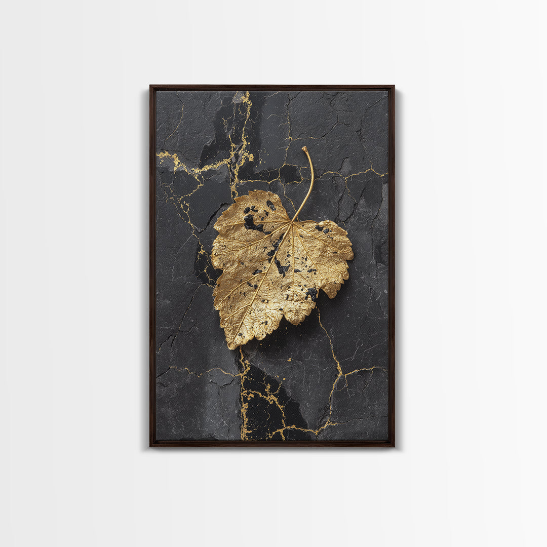 Gold Leaf on Black Marble Canvas Art, Canvas Gold Canvas Print, Framed Canvas Wall Art with Real Wood Frame, Minimalist Modern Decor
