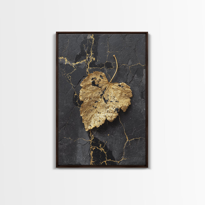 Gold Leaf on Black Marble Canvas Art, Canvas Gold Canvas Print, Framed Canvas Wall Art with Real Wood Frame, Minimalist Modern Decor