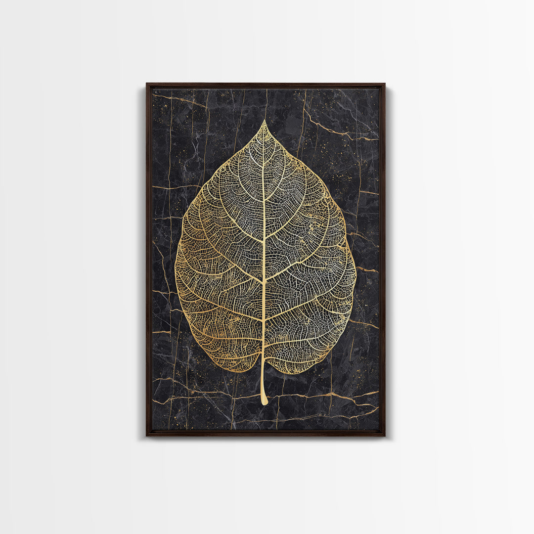 Skeleton Leaf Botanical Canvas Art, Canvas Gold Canvas Print, Framed Canvas Wall Art with Real Wood Frame, Black Marble Nature Decor